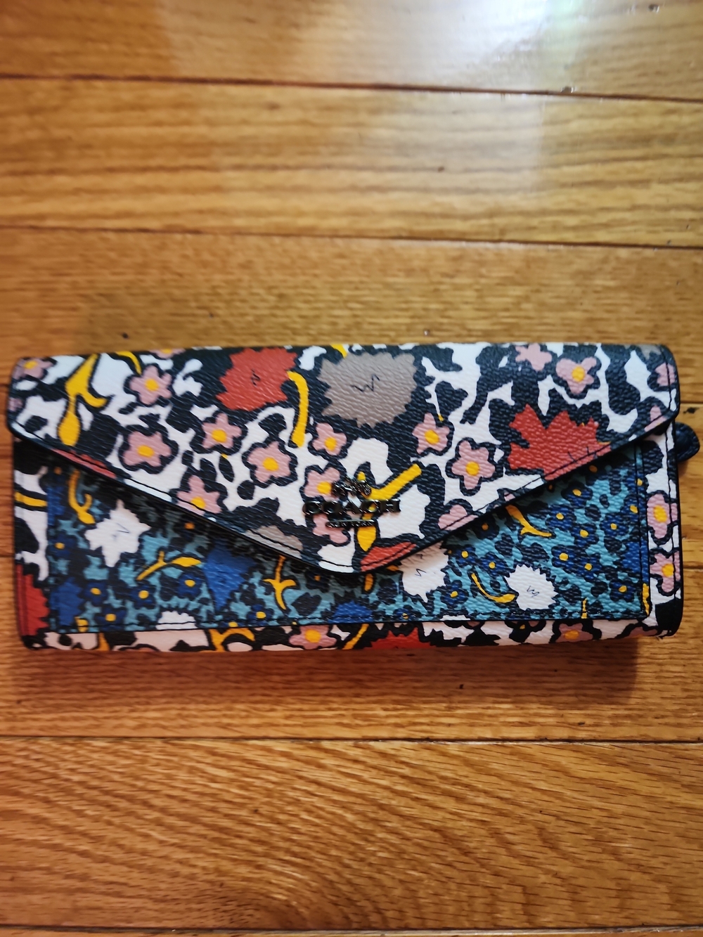 Coach Mixed Yankee Floral Print Wallet in Blue, Red, Pink, Yellow, White, Brown